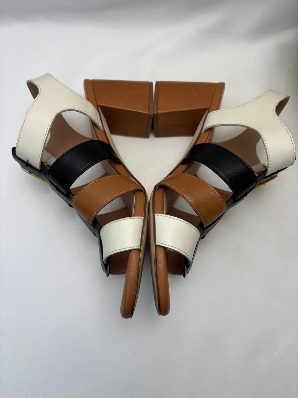 Cole Haan Women’s 9.5 Tri-Panel Leather Block Heel Sandals -Blk,Brn and Wht #462